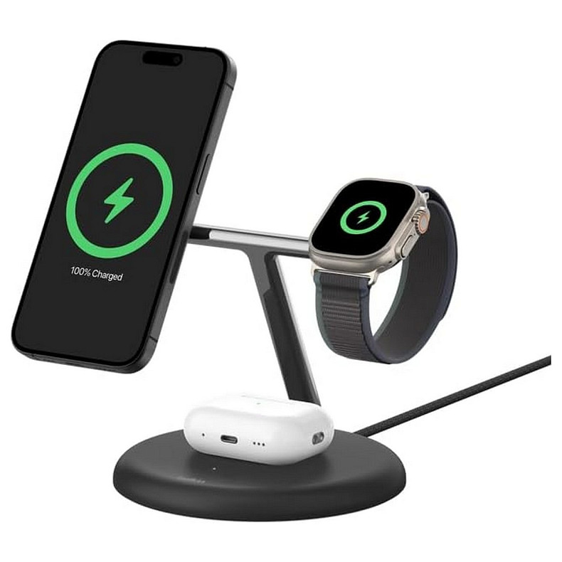 Зарядний пристрій бездротовий Belkin 3в1 Magnetic Adjustable Pad Qi2 15Вт, чорний