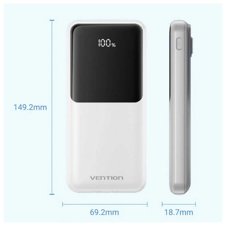 УМБ Vention 10000mAh 22.5W 3A PD,Micro-USB,USB-C,2xUSB-A,Built-in USB-C+Lightning Cables White