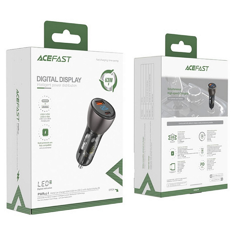 Автозарядка 2xUSB 63W (USB-C + USB-A) B6 with digital display Acefast
