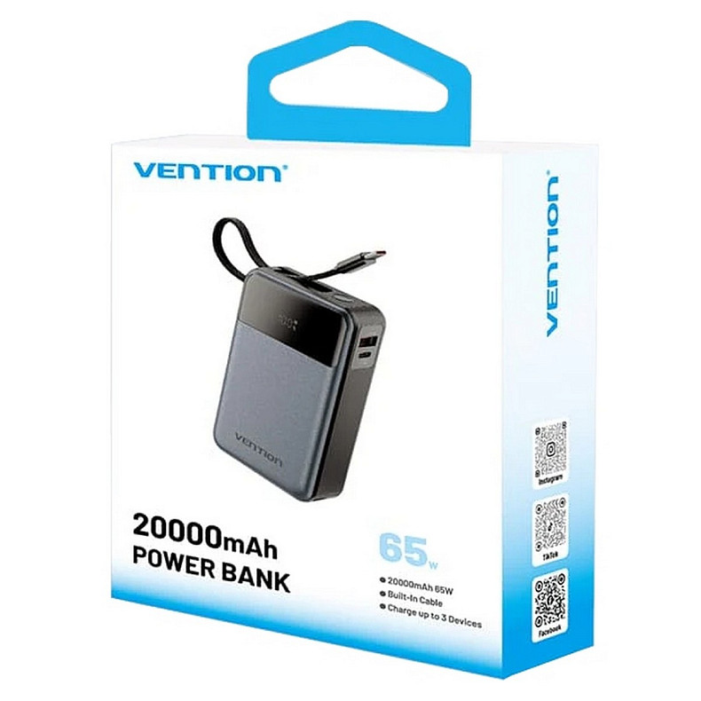 УМБ Vention 20000mAh 65W 3A PD, QC3.0, USB-A, 1хType-C OUT, с Built-in USB-C Cable, LED Display, Black