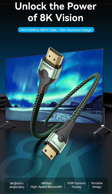 Кабель Vention HDMI M - Mini M, 1.0 м, V2.1 8K 60Гц Aluminum Alloy Type Green