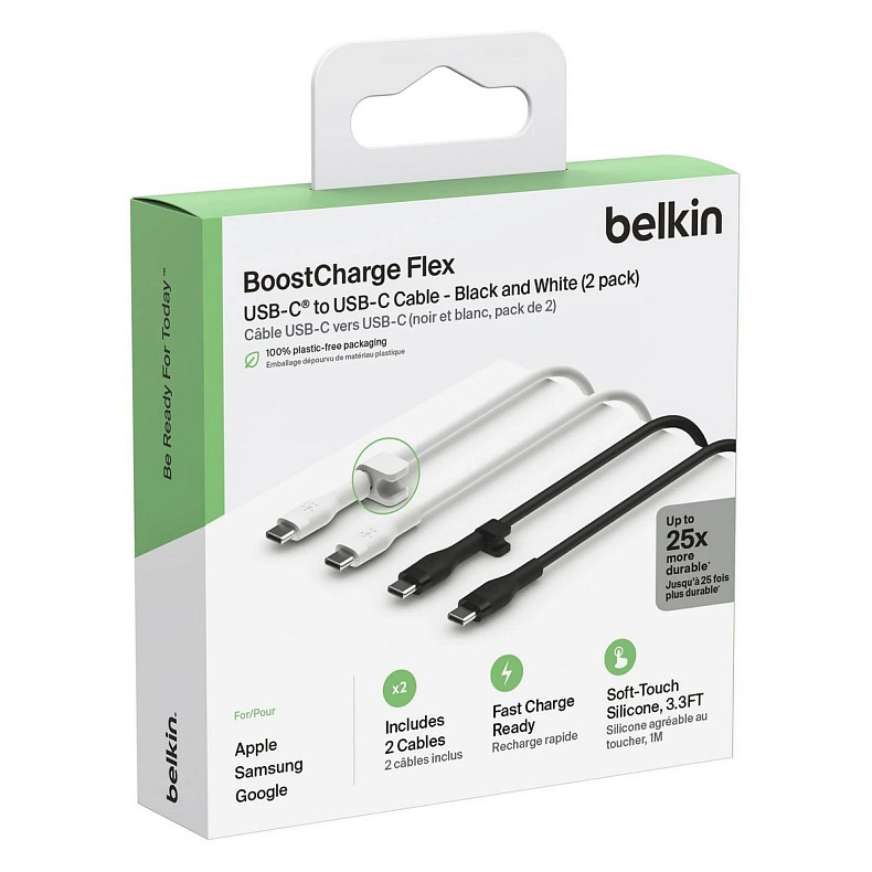 Кабель USB-C > USB-C заряджання/синхронізації Belkin 1м, 60Вт, Type-C, силіконовий з кліпсою (2 Pack