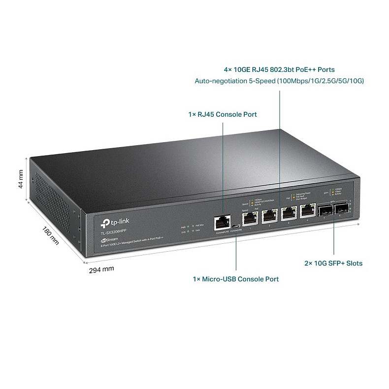 Комутатор TP-LINK TL-SX3206HPP 2xSFP+ (10GE) 4x10GE LAN console+microUSB L2 JetStream 19" 1U