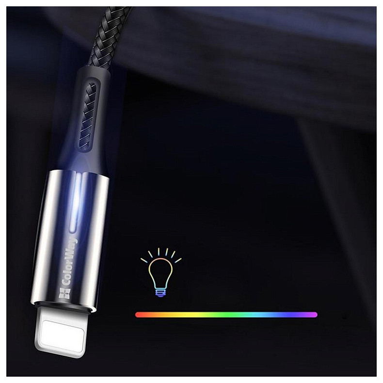 Кабель ColorWay USB-Lightning, 2.4А, 1м, Zinc Alloy + Led, Black (CW-CBUL035-BK)