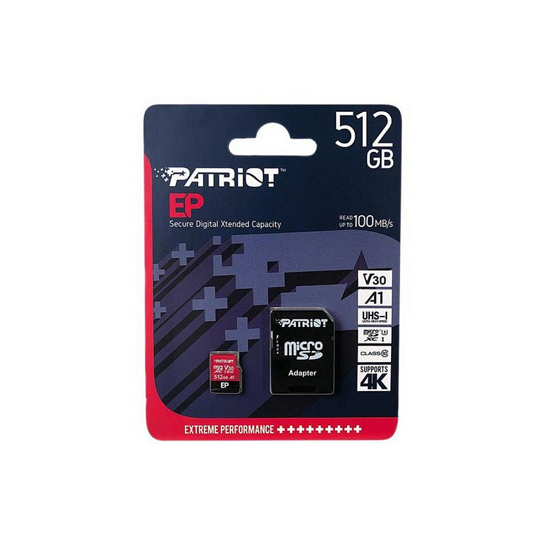 Карта пам'яті PATRIOT 512 GB MicroSDXC UHS-I U3 V30 A1 EP + SD Adapter (PEF512GEP31MCX)