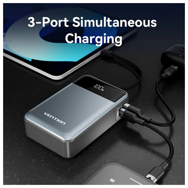 УМБ Vention 20000mAh 65W 3A PD, QC3.0, USB-A, 1хType-C OUT, с Built-in USB-C Cable, LED Display, Black