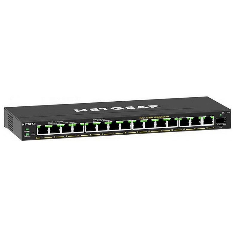 Комутатор NETGEAR GS316EP 15x1GE PoE+ (180Вт), 1xSFP, керований