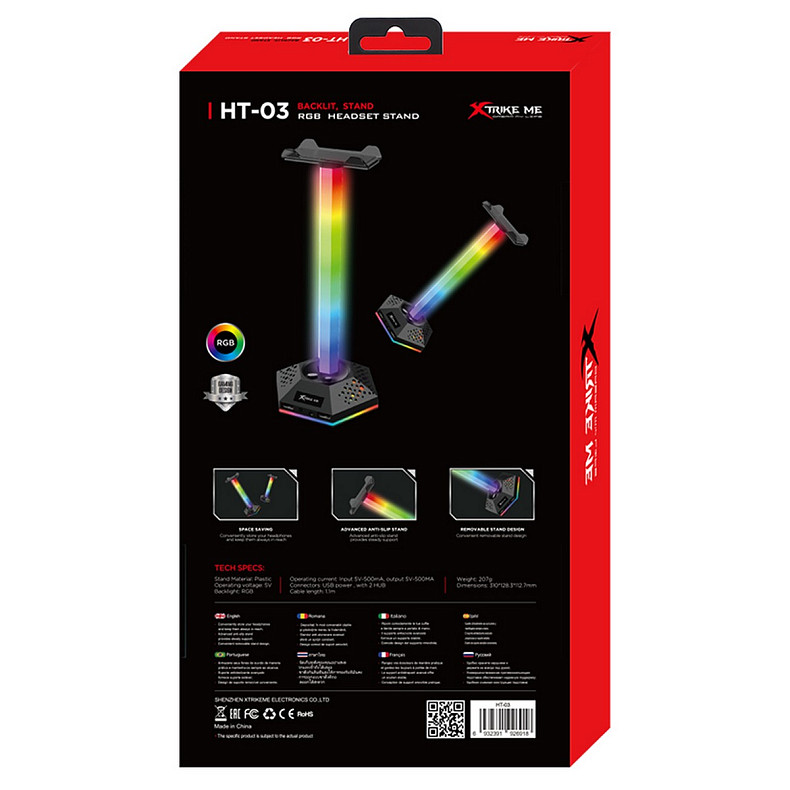 Подставка для гарнитуры XTRIKE ME RGB 2xUSB2.0 HUB, USB кабель 1,9м, вlack