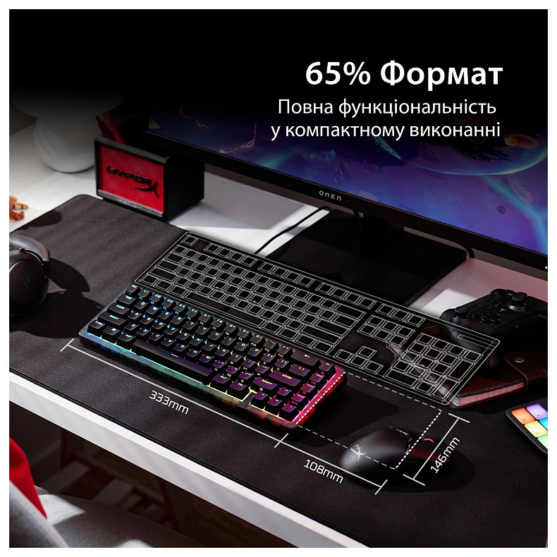 Клавіатура HyperX Alloy Origins 2 65key, Red, USB-A, Hot-Swap, EN/UA, RGB, чорний