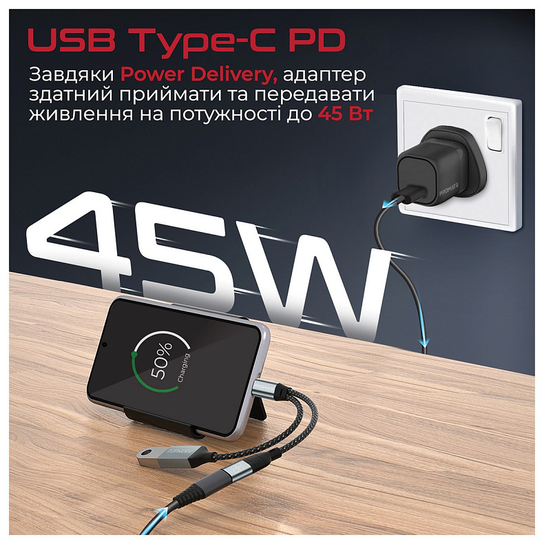 Адаптер 3 в 1 Promate OTG Link-C USB Type-C - USB + USB Type-C (M/F), 0.16 м, Black (otglink-c.black)