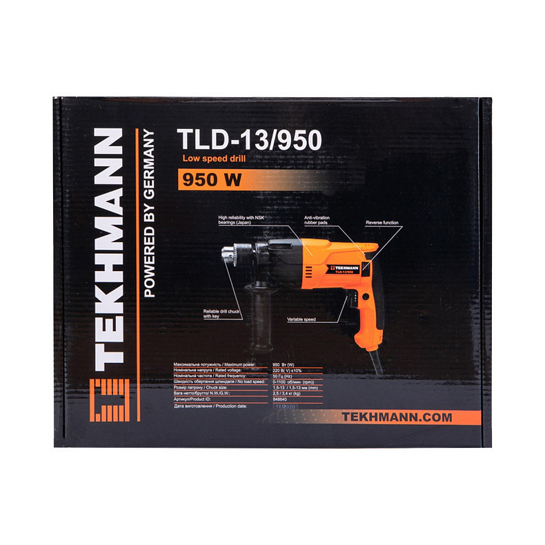 Дриль Tekhmann TLD-13/950 950Вт зубчастий патрон 13мм 0-1100об·хв 2.5кг