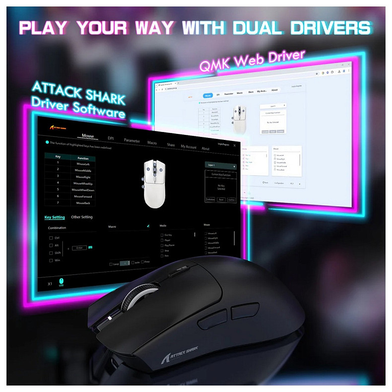 Мишка Attack Shark X1, Wireless/Bluetooth, 40000dpi. (PAW3395PRO), 6кн., Black