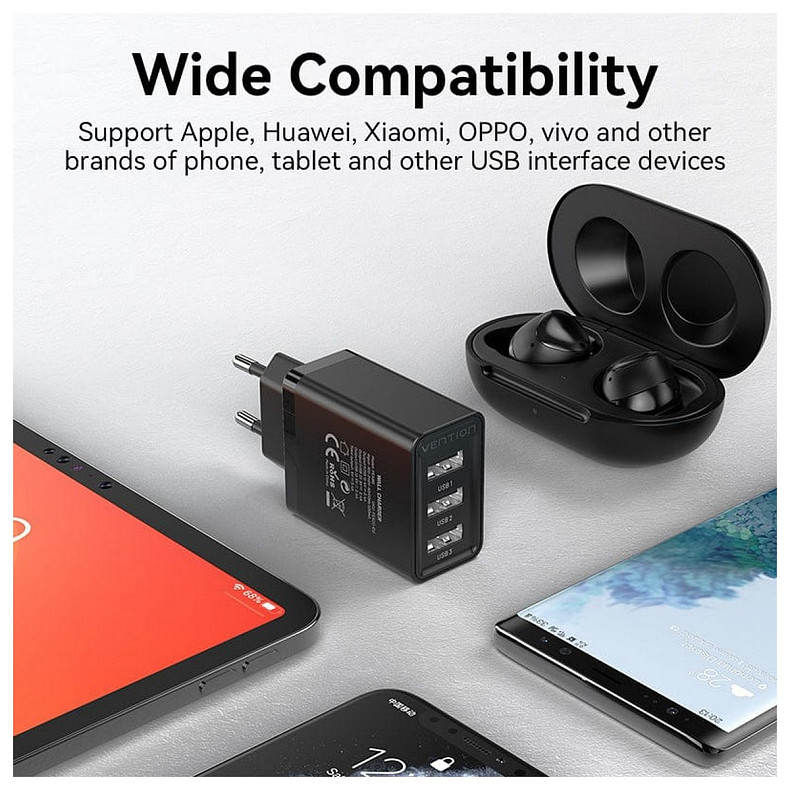 Зарядное устройство 3xUSB A 12W Black Vention