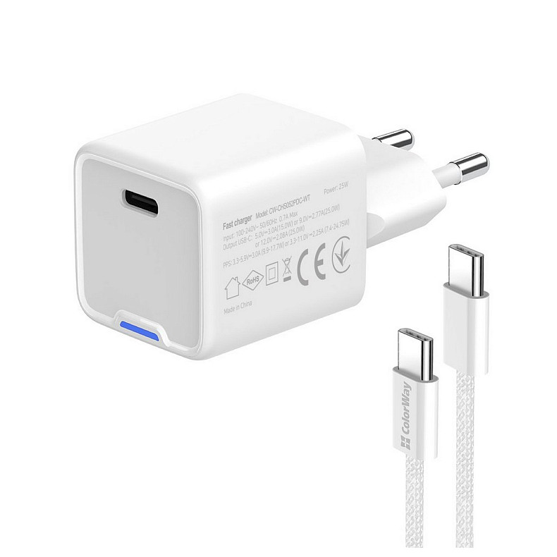 Сетевое зарядное устройство ColorWay GaN Mini 25W PD Port PPS USB-C White (CW-CHS052PDC-WT) + кабель