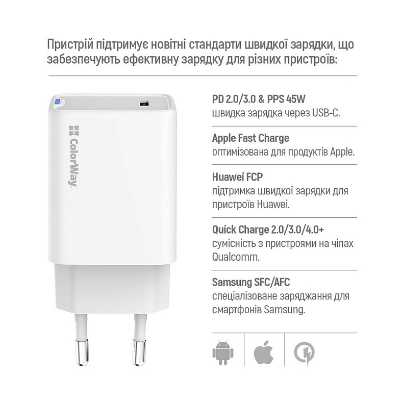 Зарядний пристрій ColorWay GaN Mini 45W PD Port PPS USB-C White (CW-CHS057PD-WT)