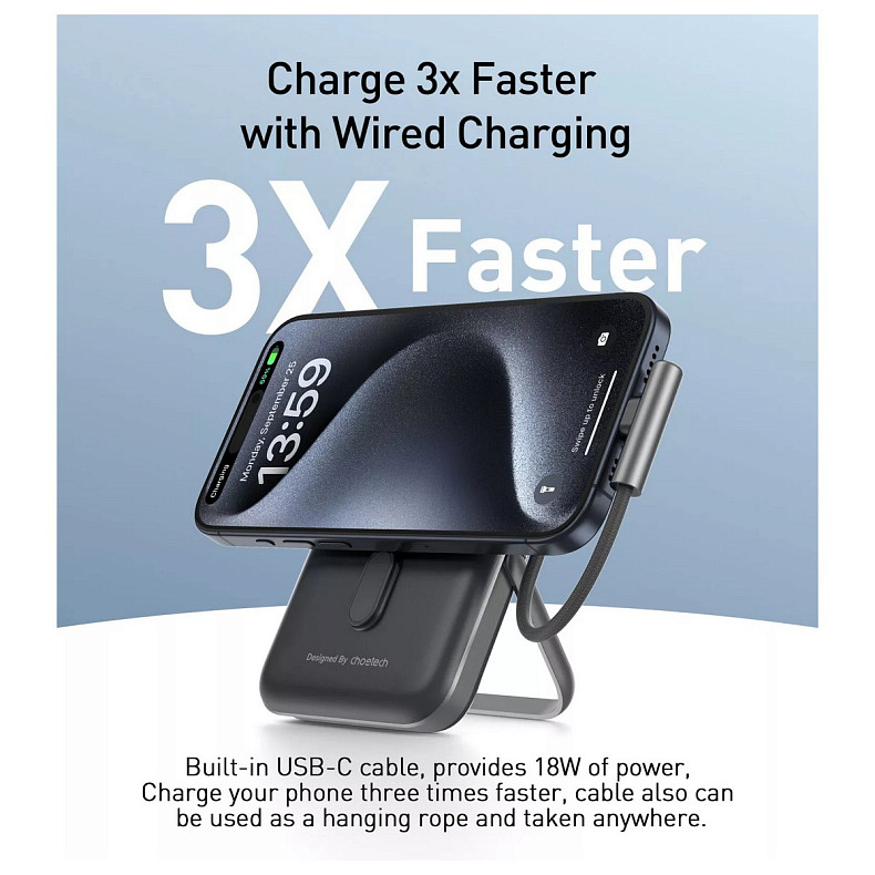 УМБ Choetech Magnetic Wireless 10000mAh 20W PD USB-C In/Out, Qi-15W, build-in cabel Black