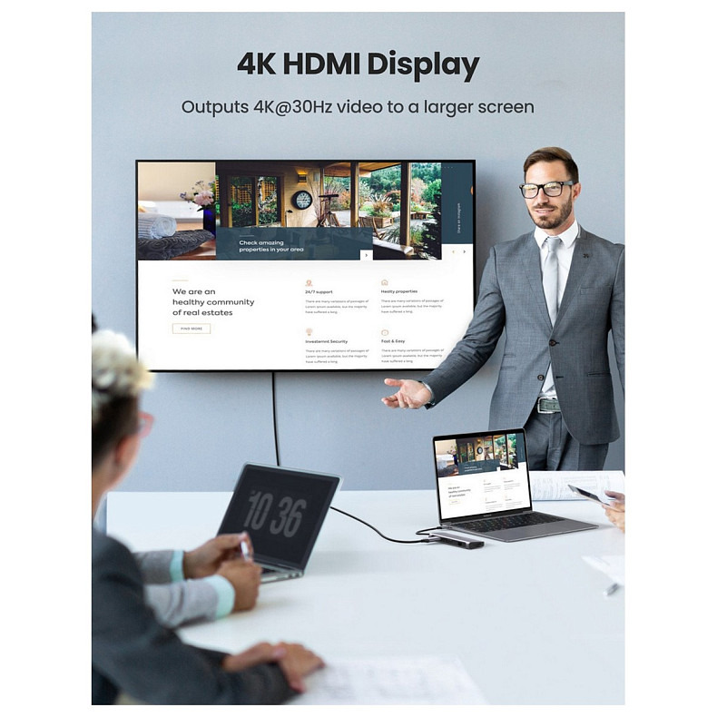 Док-станция USB3.0 Type-C --> HDMI/VGA/USB 3.0x3/RJ45/SD&TF/PD Ugreen CM179 Серая
