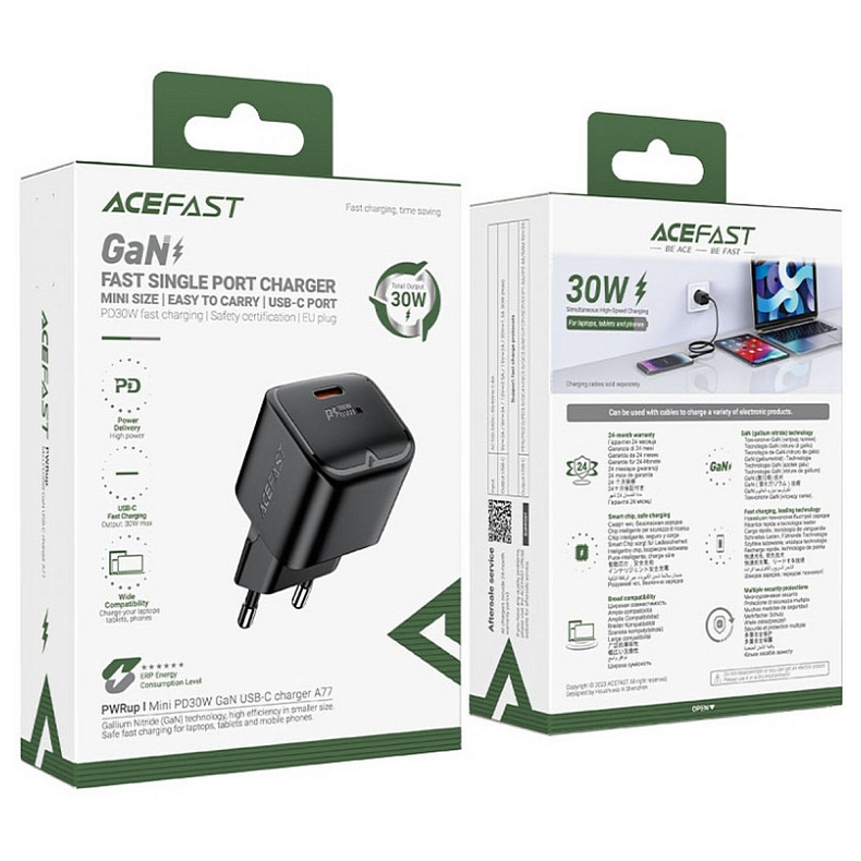 Зарядний пристрій USB-C 30W Gan A77 mini Fast Charger Black Acefast