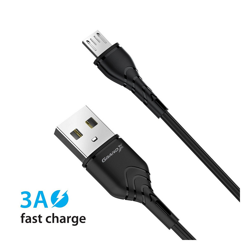 Сетевое зарядное устройство Grand-X (1xUSB 3.6В-12В/1.5А-3А) Black (CH-550BM) + кабель MicroUSB