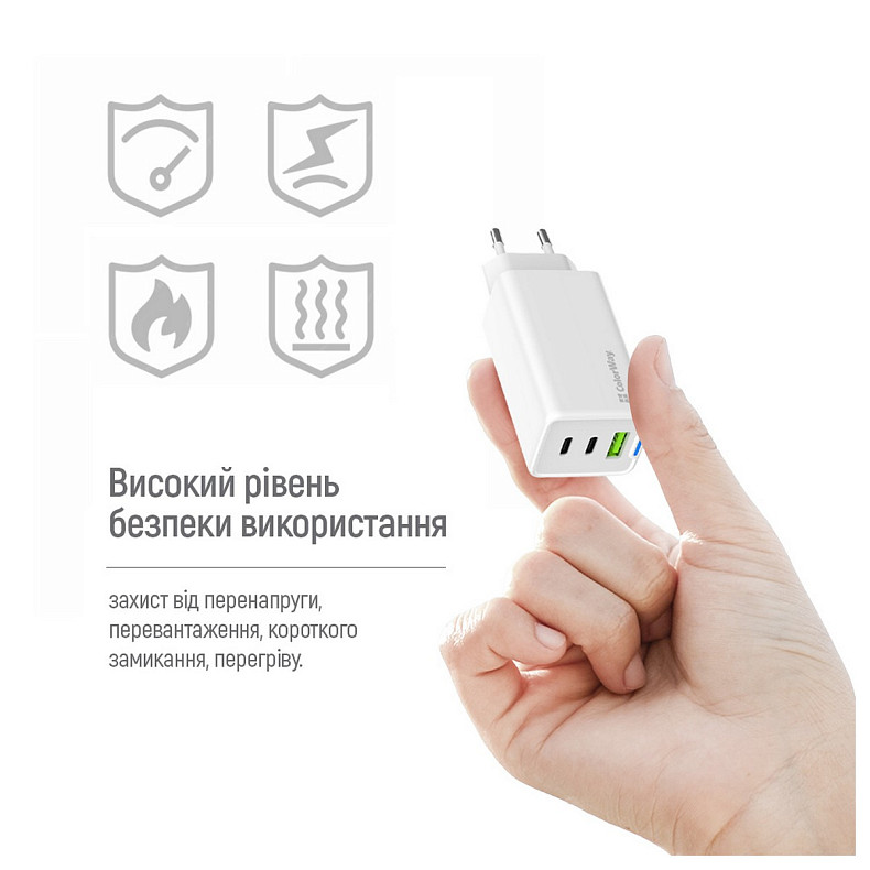 Сетевое зарядное устройство ColorWay GaN Mini 65W PD Port PPS USB (USB-2C1A) White (CW-CHS058PDCL-WT