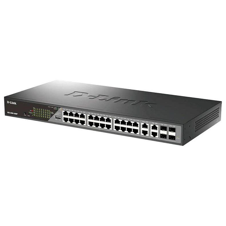 Комутатор D-Link DSS-200G-28MP 24xGE PoE, 4xSFP/GE, 370W, Некерований
