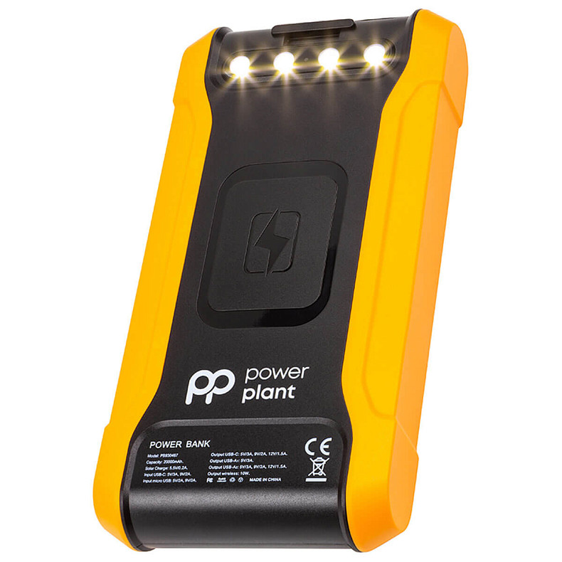 Мобільна батарея PowerPlant 20000mAh, PD 18W, USB-C, 2xUSB-A, QC3.0, Wireless, Solar panel 5.5V-0,2A
