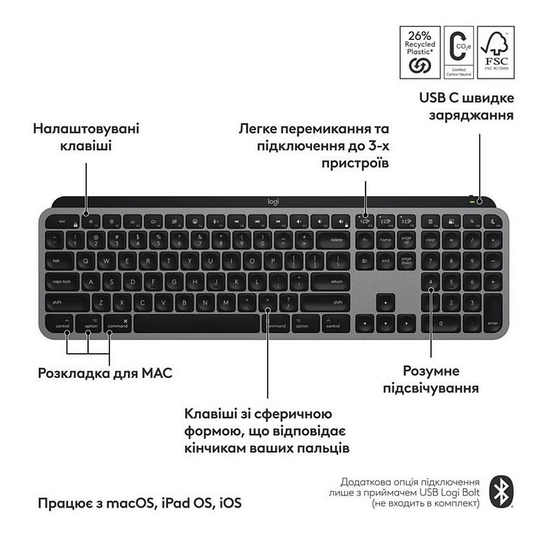 Клавіатура Logitech MX Keys S для Mac Space Grey (920-011637)