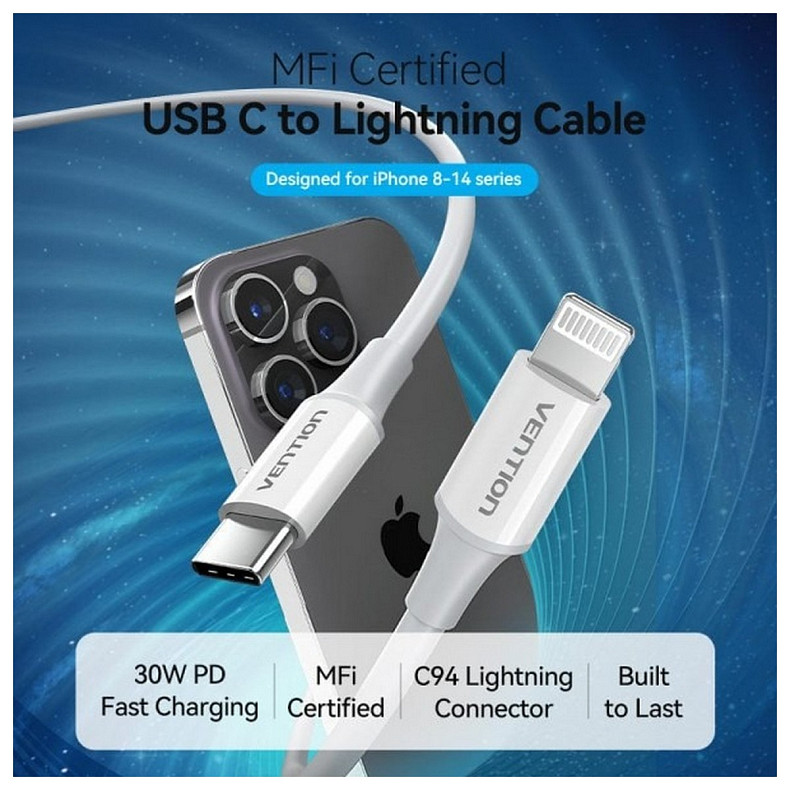 Кабель Vention USB Type-C - Lightning (M/M), 1 м, Black (LAKBF)