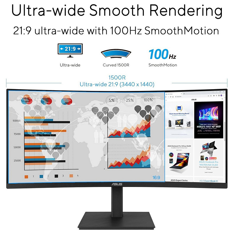 Монітор Asus 34" VA34VCPSR HDMI, DP, USB-C, 3xUSB, RJ-45, MM, VA, 3440x1440, 21:9, 100Hz, 4ms