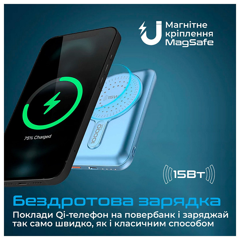Универсальная мобильная батарея Promate PowerMag-10Pro 10000mAh 20W Blue (powermag-10pro.blue)