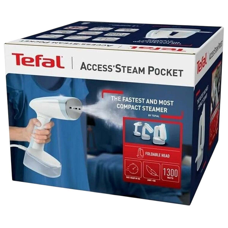Отпариватель Tefal компактный ACCESS'STEAM POCKET, 1300Вт, постоянная пара – 20гр, бело-голубой