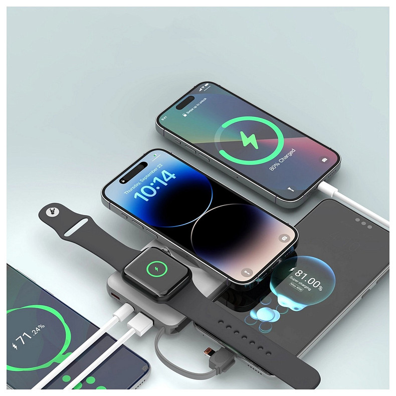 УМБ Choetech Magnetic Wireless 10000mAh 15W PD, QC3.0 USB-A+2USB-C 3in1charg, with build-incable White