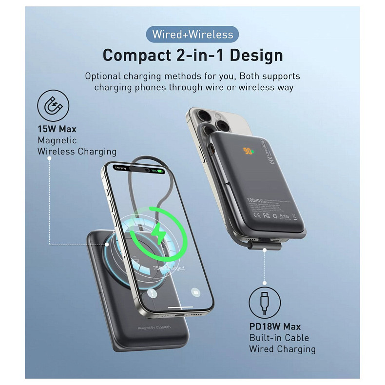 УМБ Choetech Magnetic Wireless 10000mAh 20W PD USB-C In/Out, Qi-15W, build-in cabel Black