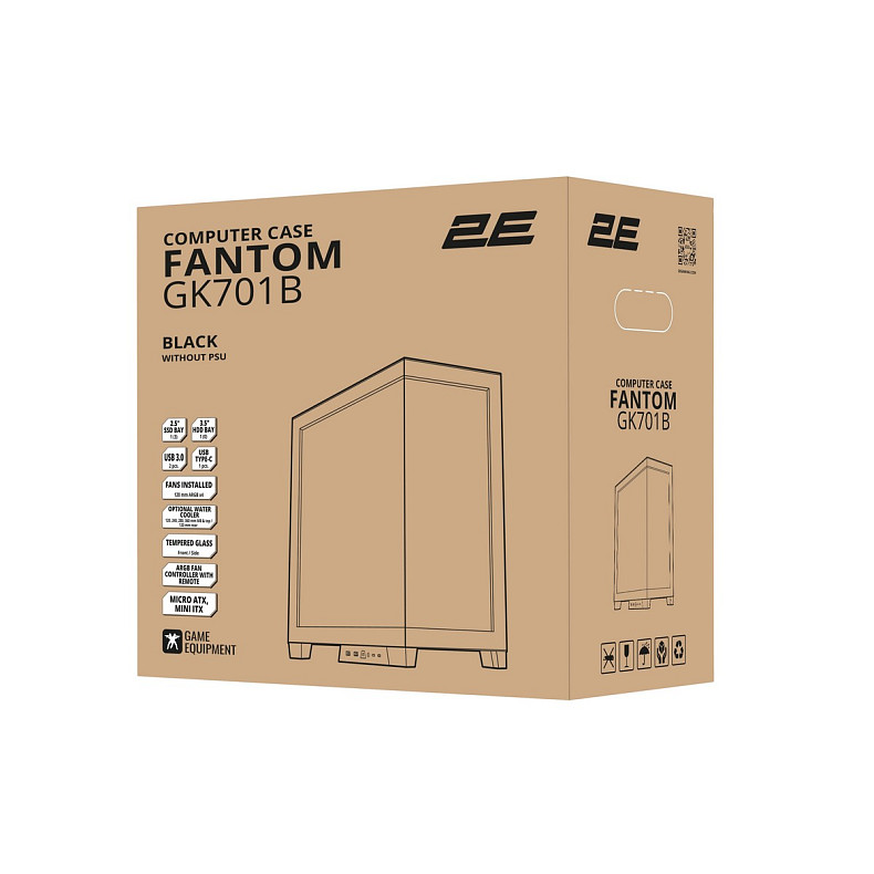 Корпус 2E Gaming Fantom GK701B, без БП, 2xUSB 3.0, 1xUSB Type-C, 4x120mm ARGB, controller with remote