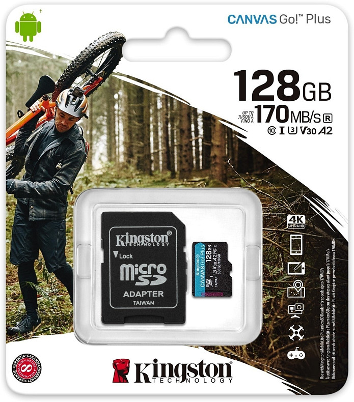 Карта памяти Kingston 128GB microSDXC C10 UHS-I U3 A2 R170/W90MB/s + SD адаптер (SDCG3/128GB)