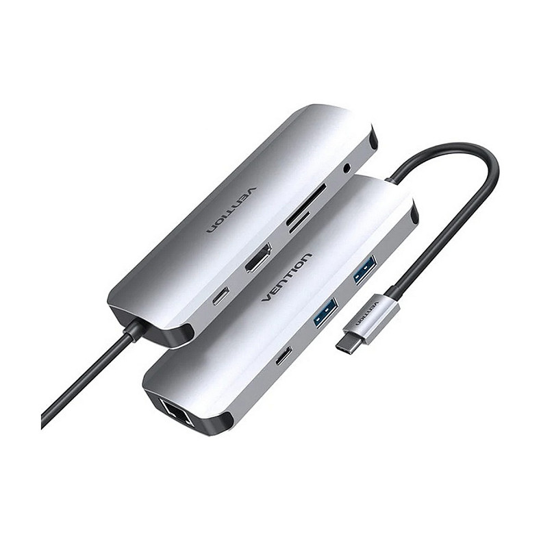 Док-станція USB3.1 Type-C --> HDMI/USB 3.0x2/RJ45/USB-C/SD/TF/TRRS 3.5mm/PD 100W Hub 9-in-1 Vention