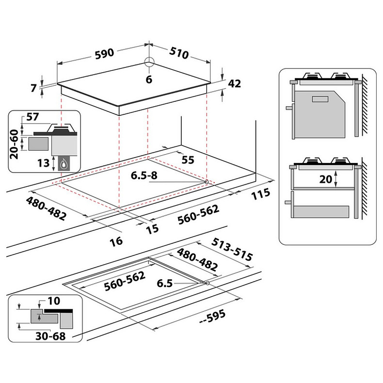 Варочная поверхность Whirlpool газовая, 60см, чугун, конфорка с двойным рядом пламени, черный