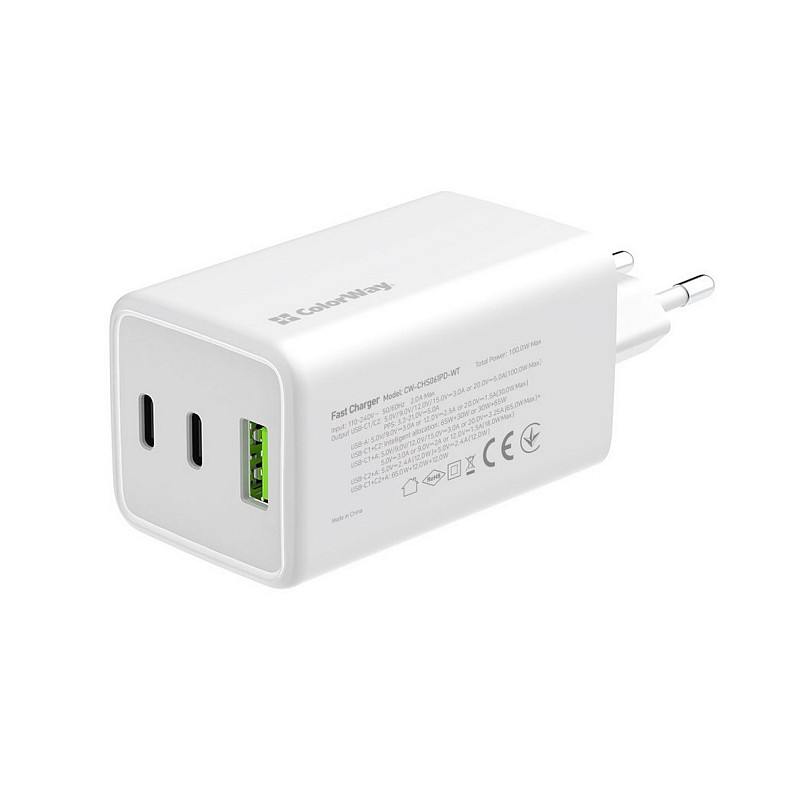 Сетевое зарядное устройство ColorWay GaN Mini 100W PD Port PPS USB (USB-2C1A) White (CW-CHS061PD-WT)
