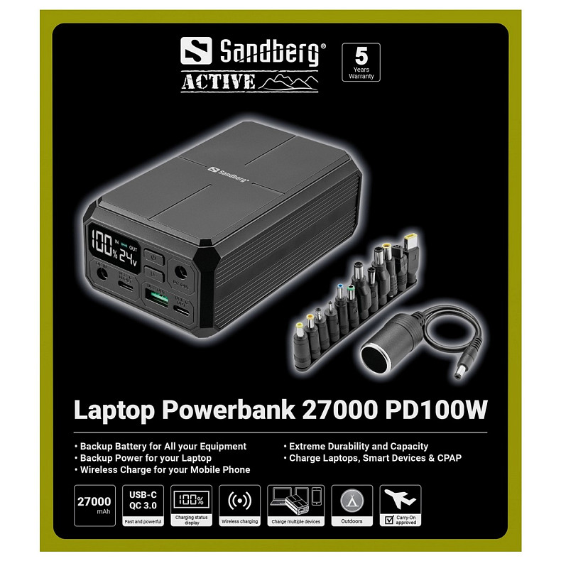УМБ Sandberg 27000mAh Laptop DC12–24v 84W,100W PD, QC3.0, USB-A, 2xDC, 2xUSB-C, QI-10W, PowerThru