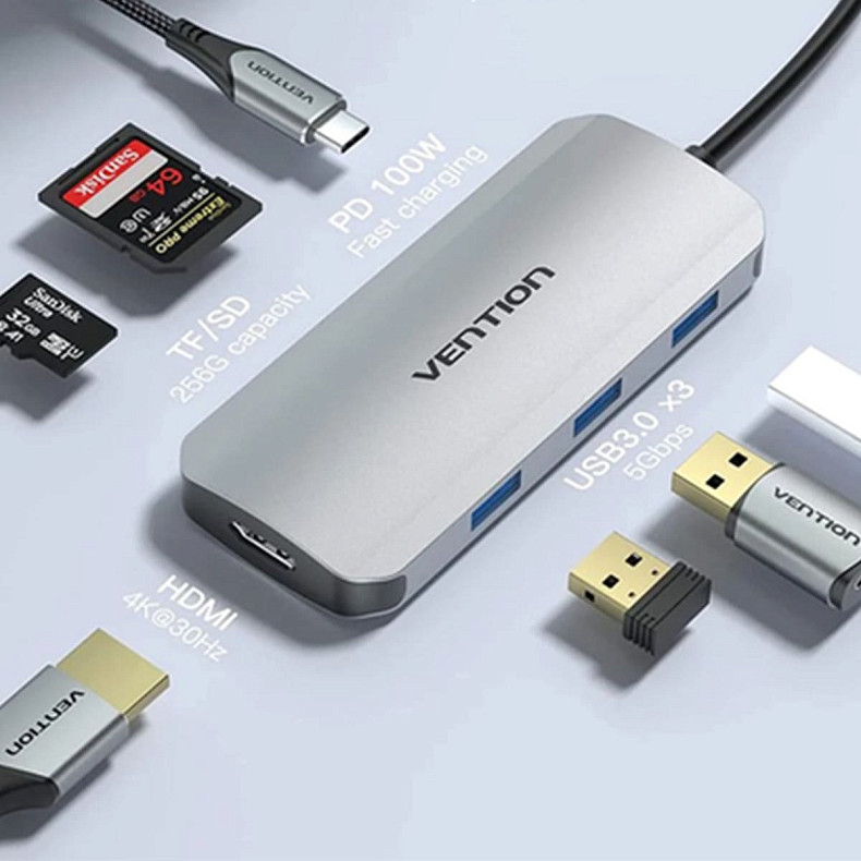 USB-хаб Vention USB-C Docking Station HDMI/USB 3.0x3/SD/TF/PD Gray 0.15m Aluminum Alloy