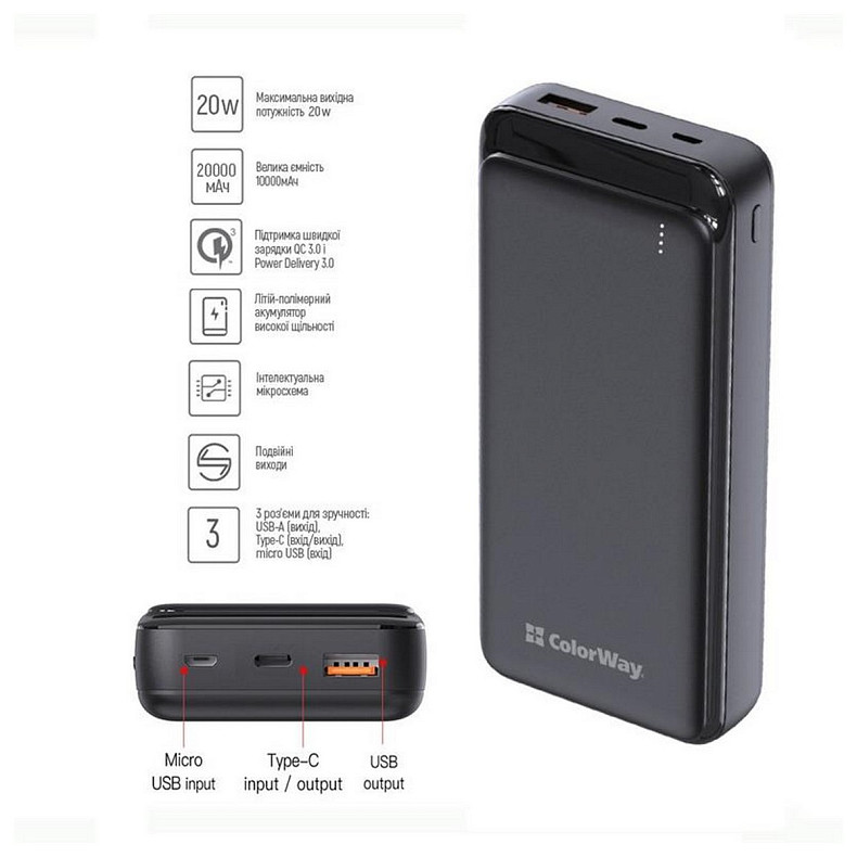 Универсальная мобильная батарея ColorWay Slim 20000mAh Black (CW-PB200LPG3BK-PD)