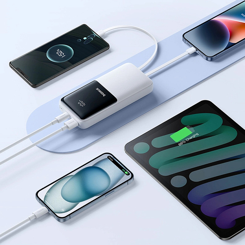 УМБ Baseus 20000mAh Lipow 22,5W PD,QC USB-A,MicroUSB,USB-C In/Out, USB-C/Lightning/ cable,White