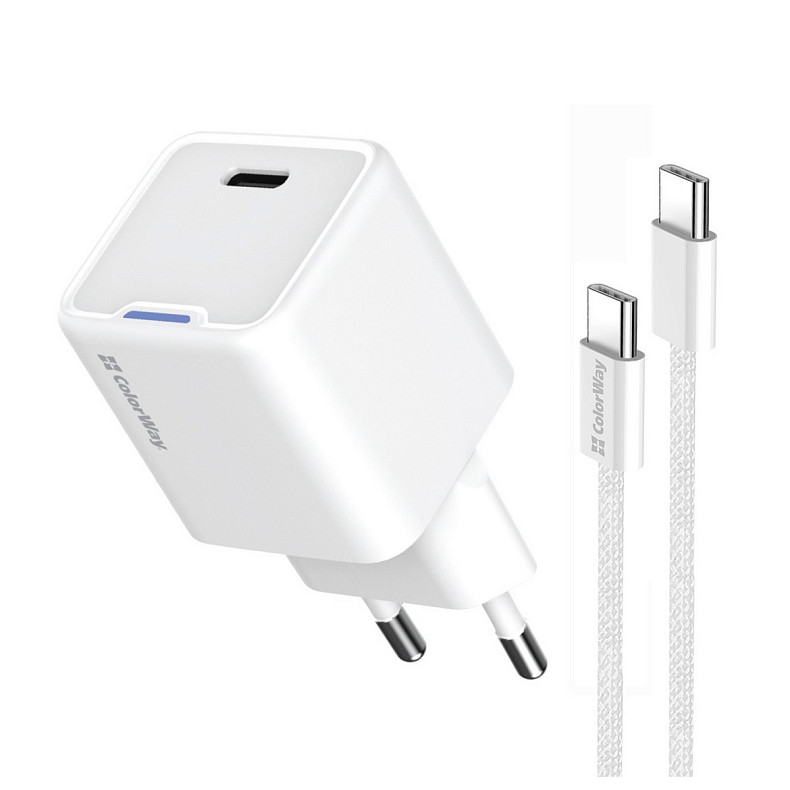 Сетевое зарядное устройство ColorWay GaN Mini 25W PD Port PPS USB-C White (CW-CHS052PDC-WT) + кабель