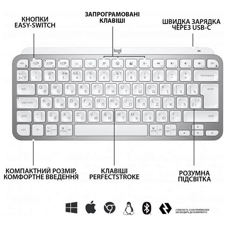 Клавіатура Logitech MX Keys Mini Wireless Illuminated UA Pale Gray (920-010499)