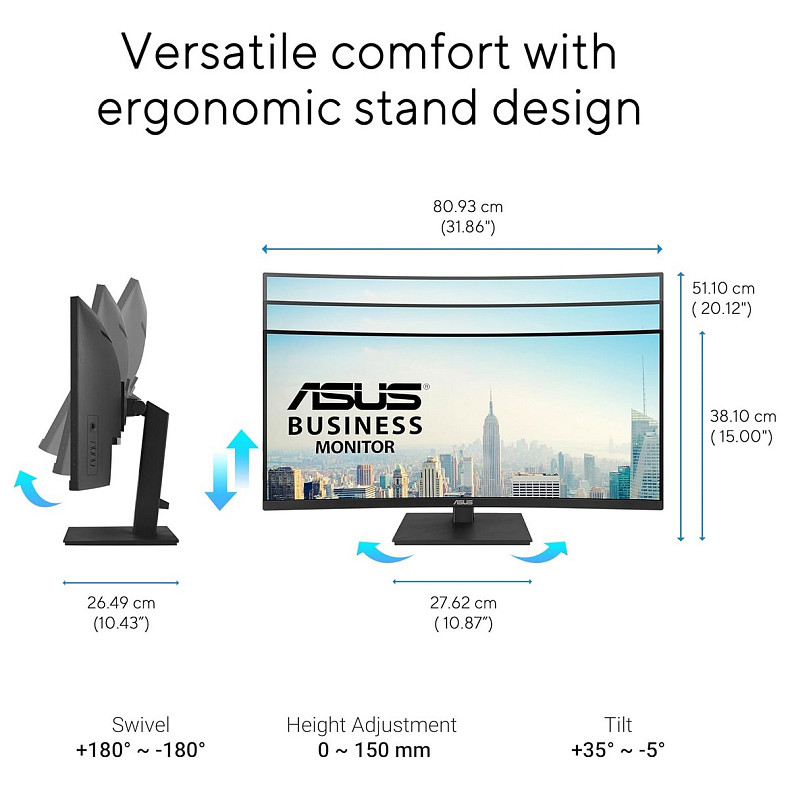 Монітор Asus 34" VA34VCPSR HDMI, DP, USB-C, 3xUSB, RJ-45, MM, VA, 3440x1440, 21:9, 100Hz, 4ms