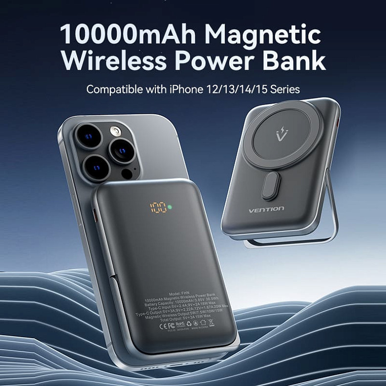УМБ Vention Magnetic Wireless 10000mAh 20W PD USB-C In/Out, QI-15W Black