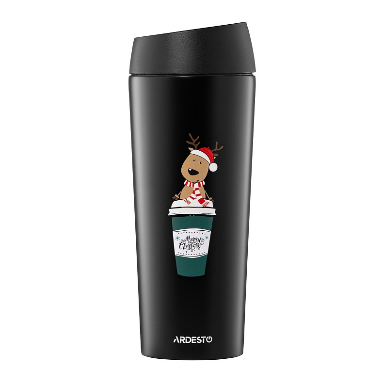 Термокружка Ardesto Coffee Time Christmas Reindeer 450мл, нержавеющая сталь, черная (AR2645RN)