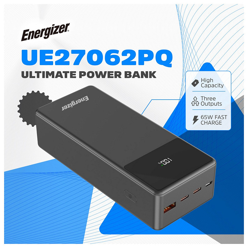 Універсальна мобільна батарея Energizer 27000 mAh 65W PD,QC3.0 USB-А, 2хUSB-C, Micro-USB, LCD display, Black