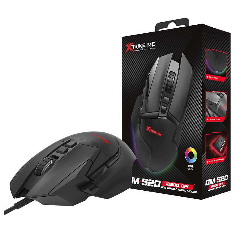 Мишка XTRIKE ME GM-520, ігрова 12800dpi, 9кн, RGB, високий профіль, чорна