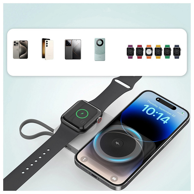 УМБ Choetech Magnetic Wireless 10000mAh 15W PD, QC3.0 USB-A+2USB-C 3in1charg, with build-incable White